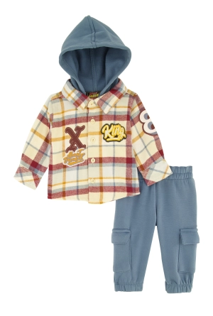 Baby Boys 0-9M Plaid Graphic Hooded Shacket and Cargo Sweatpants