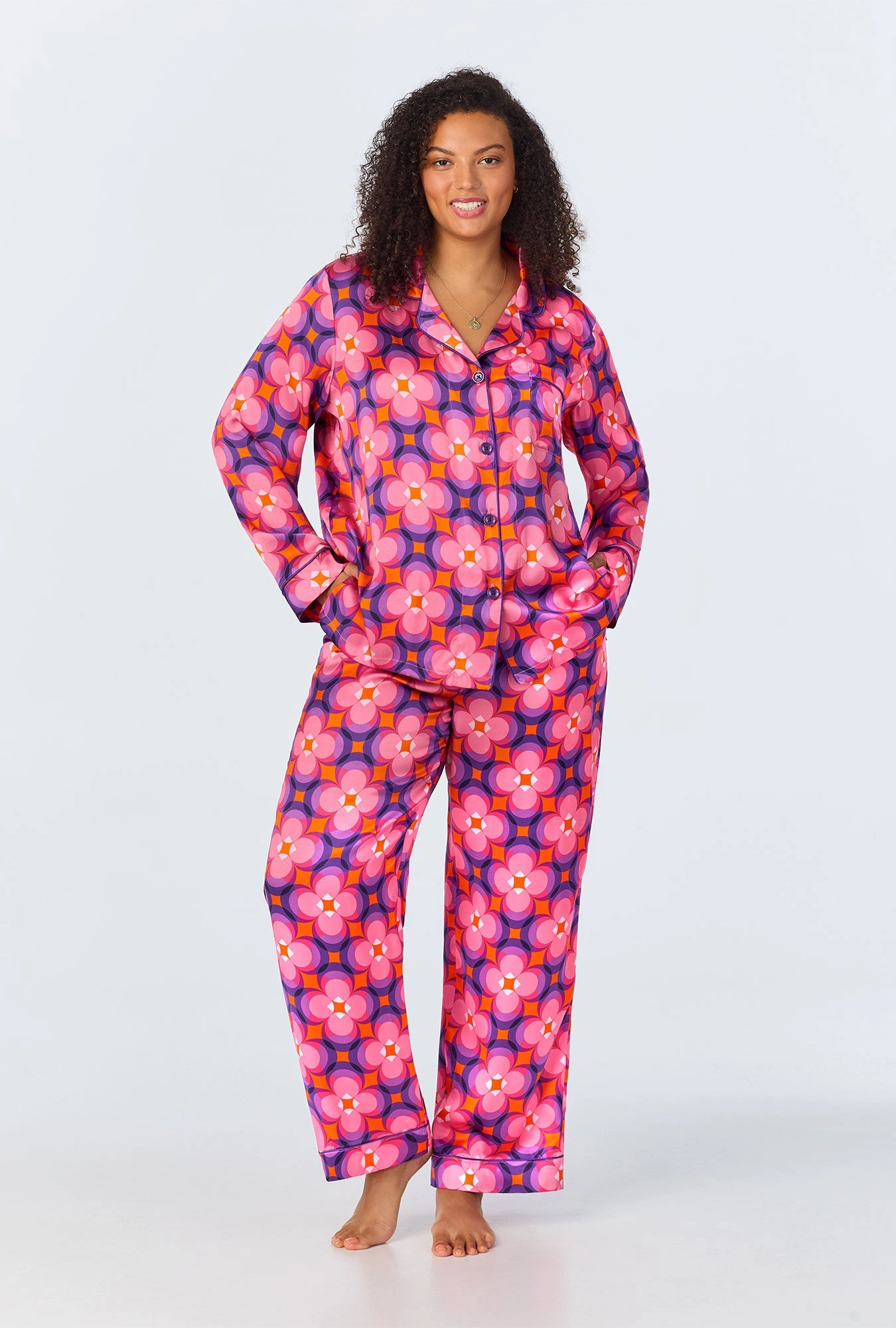 BedHead x Trina Turk Space Cat Long Sleeve Classic Woven Washable Silk PJ Set