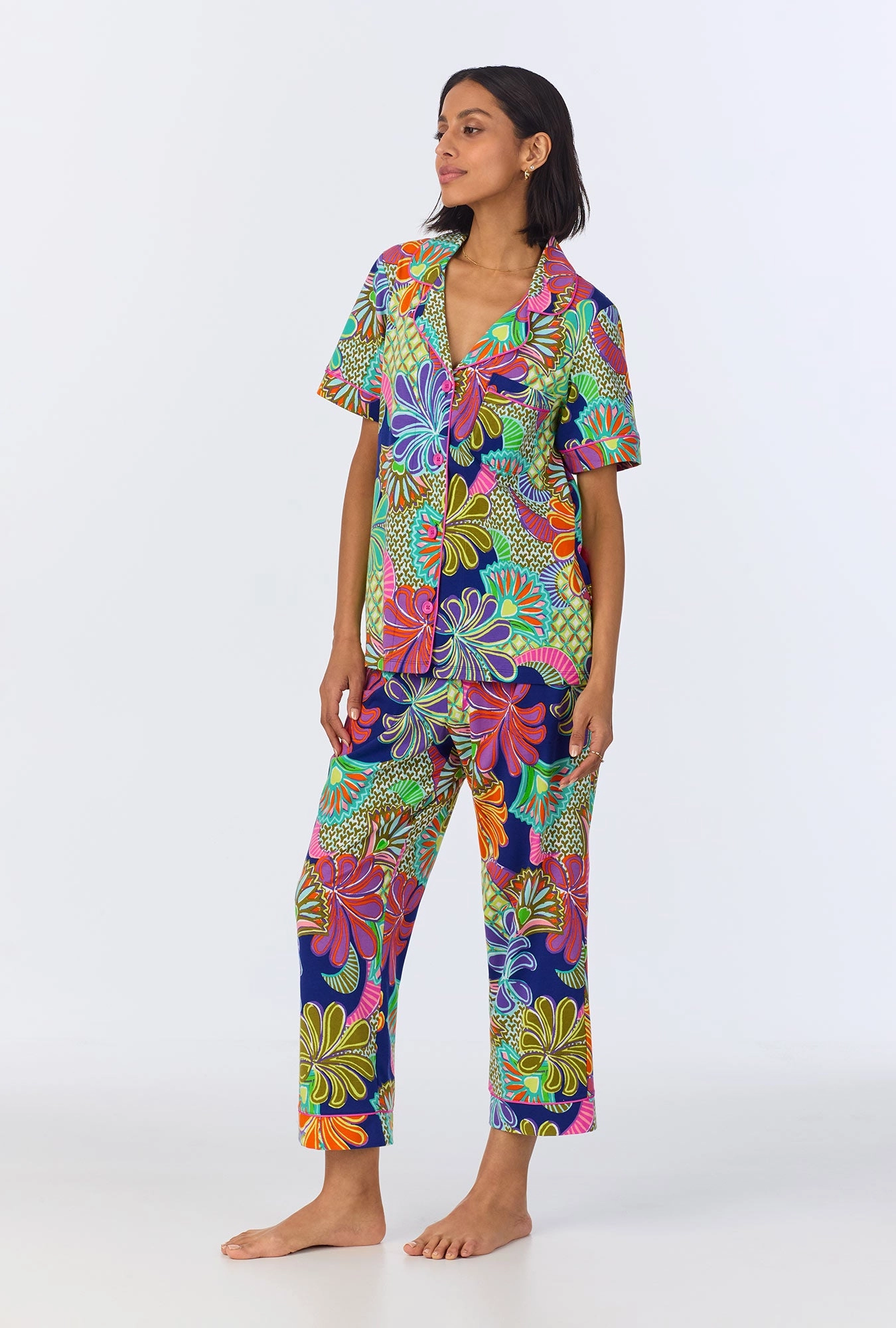BedHead x Trina Turk  Zanzibar Short Sleeve Classic Cropped Stretch Jersey PJ Set