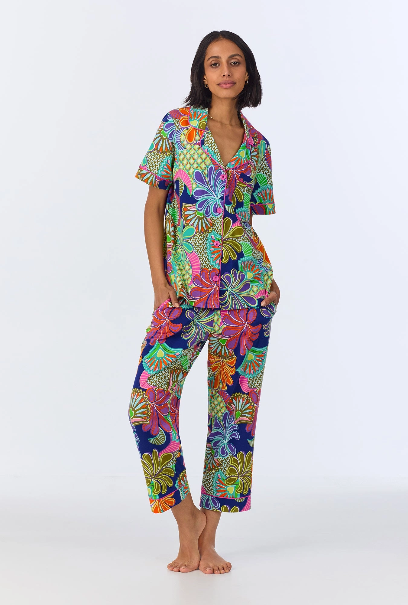 BedHead x Trina Turk  Zanzibar Short Sleeve Classic Cropped Stretch Jersey PJ Set
