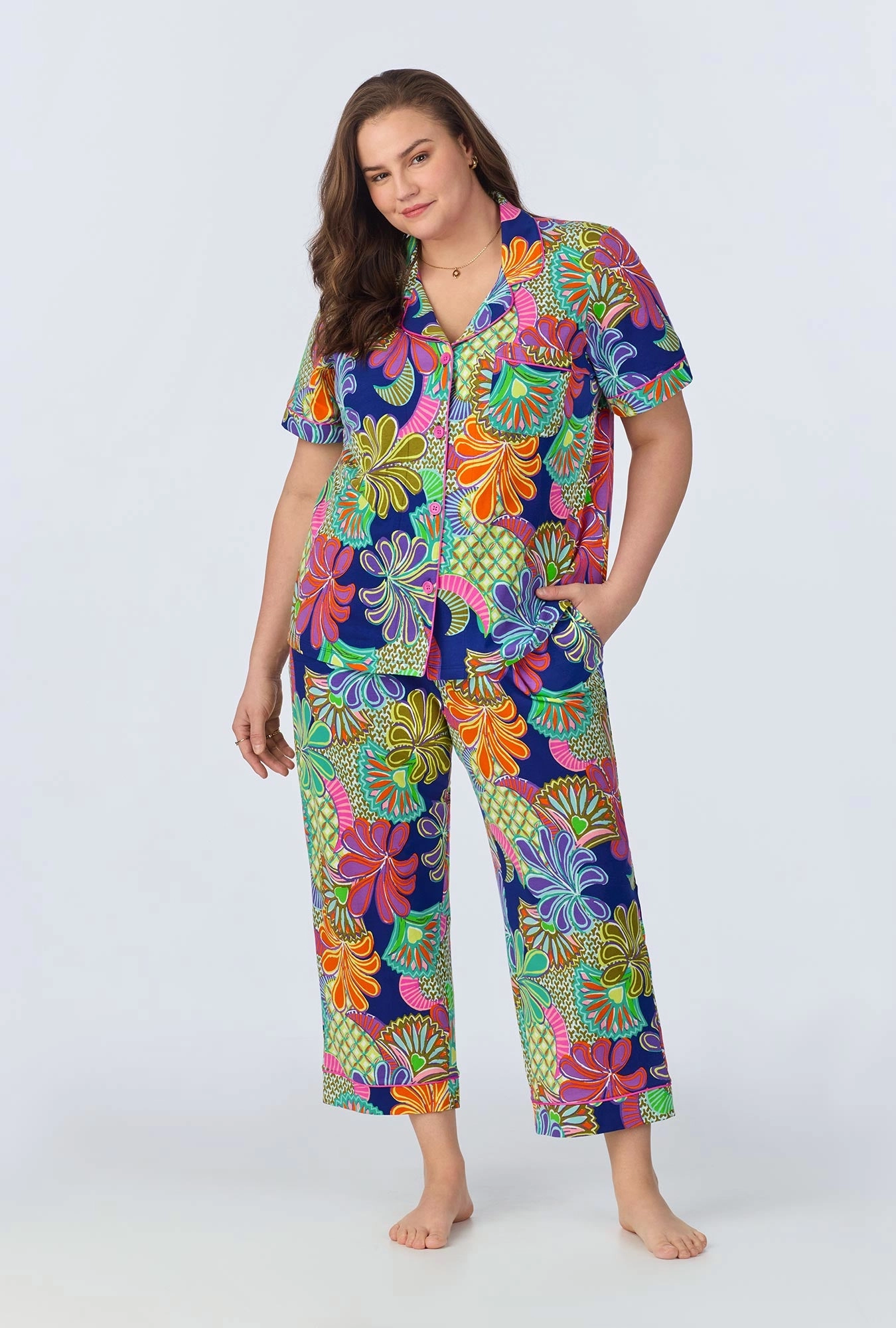 BedHead x Trina Turk  Zanzibar Short Sleeve Classic Cropped Stretch Jersey PJ Set
