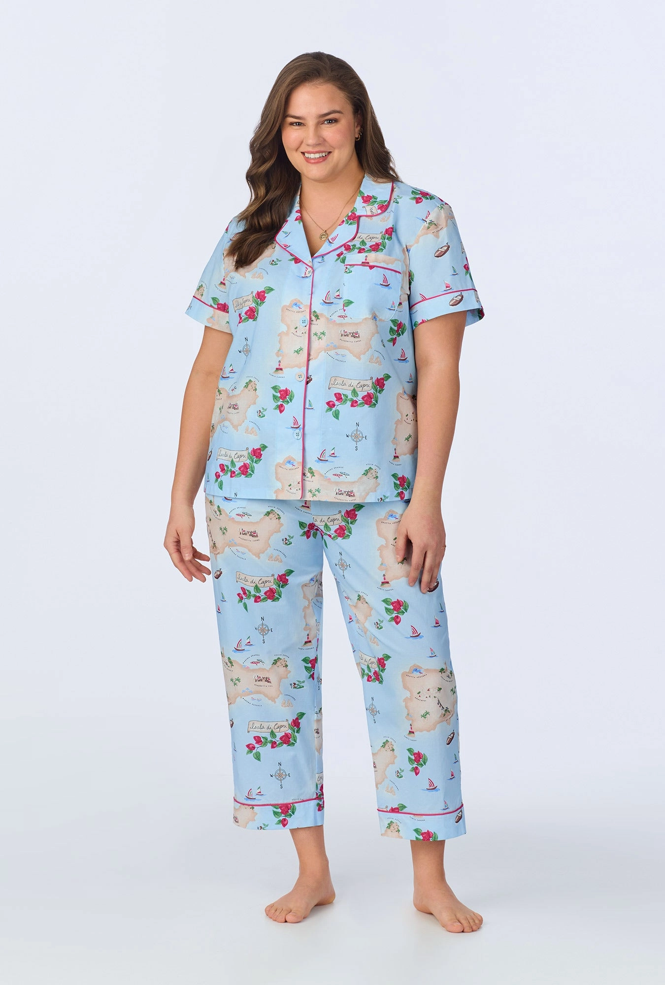 Ciao Capri Short Sleeve Classic Woven Cotton Poplin Cropped PJ Set