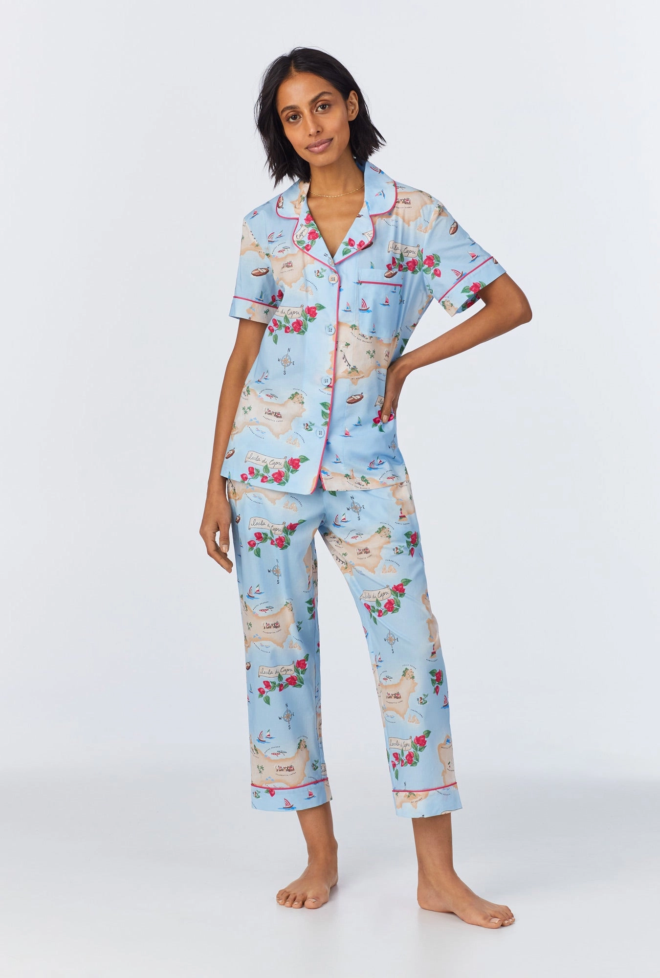 Ciao Capri Short Sleeve Classic Woven Cotton Poplin Cropped PJ Set