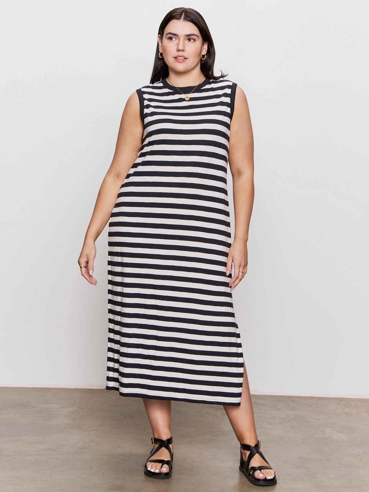 Contrast Trim Maxi Dress Black Macrame Stripe Extended Sizing
