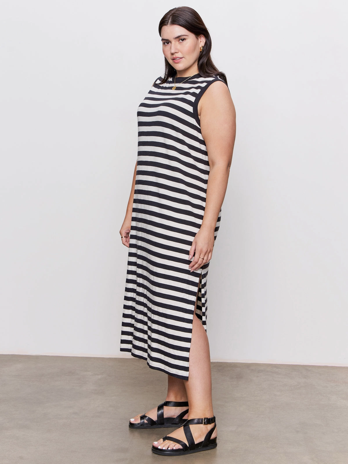 Contrast Trim Maxi Dress Black Macrame Stripe Extended Sizing