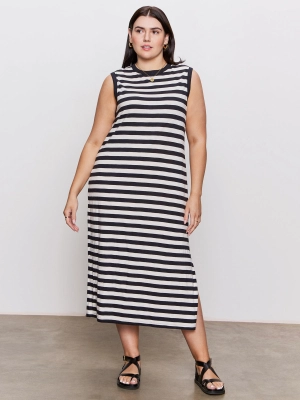 Contrast Trim Maxi Dress Black Macrame Stripe Extended Sizing