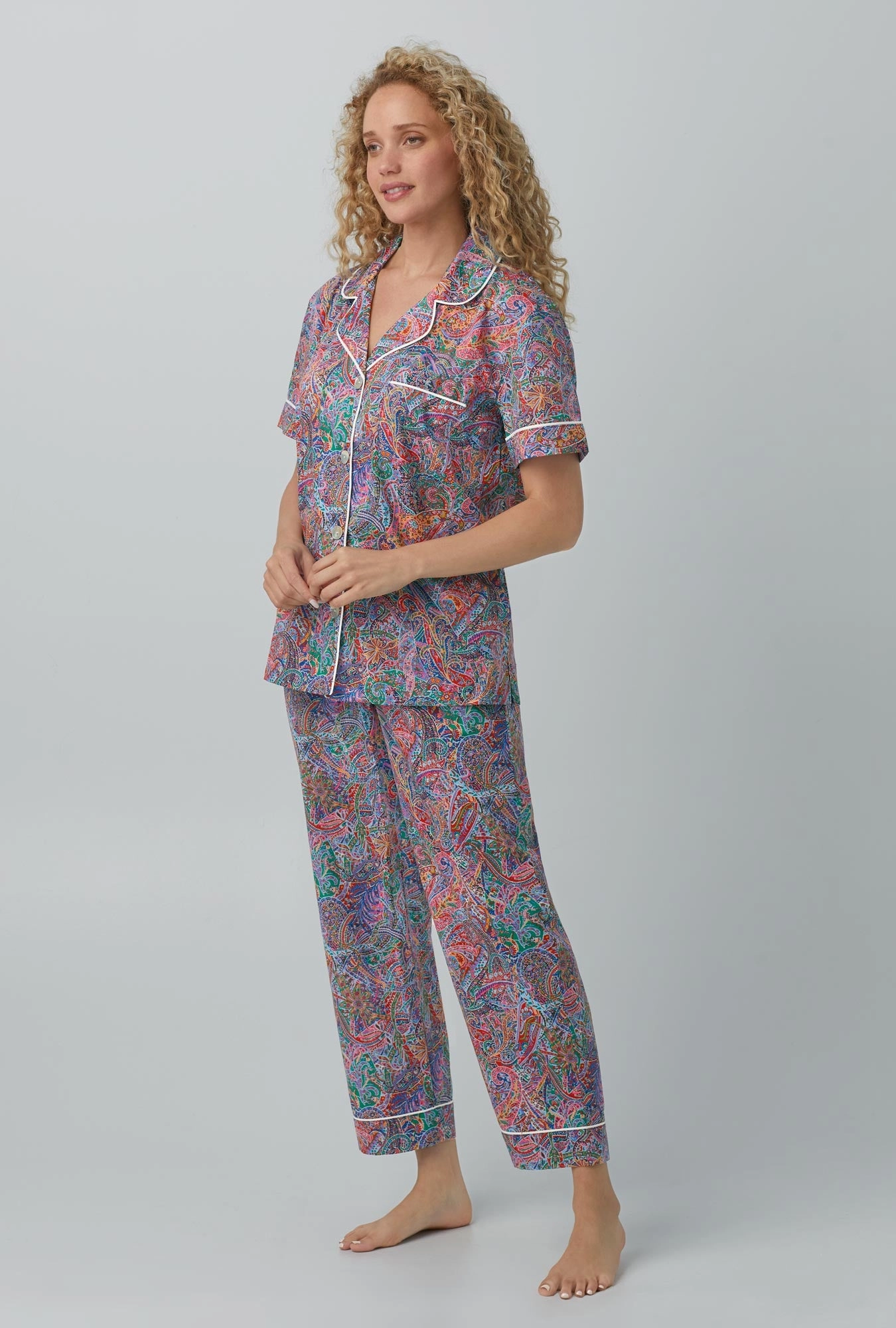 Dana Sharmin Short Sleeve Classic Woven Cotton Tana Lawn® Cropped PJ Set Made with Liberty Fabrics