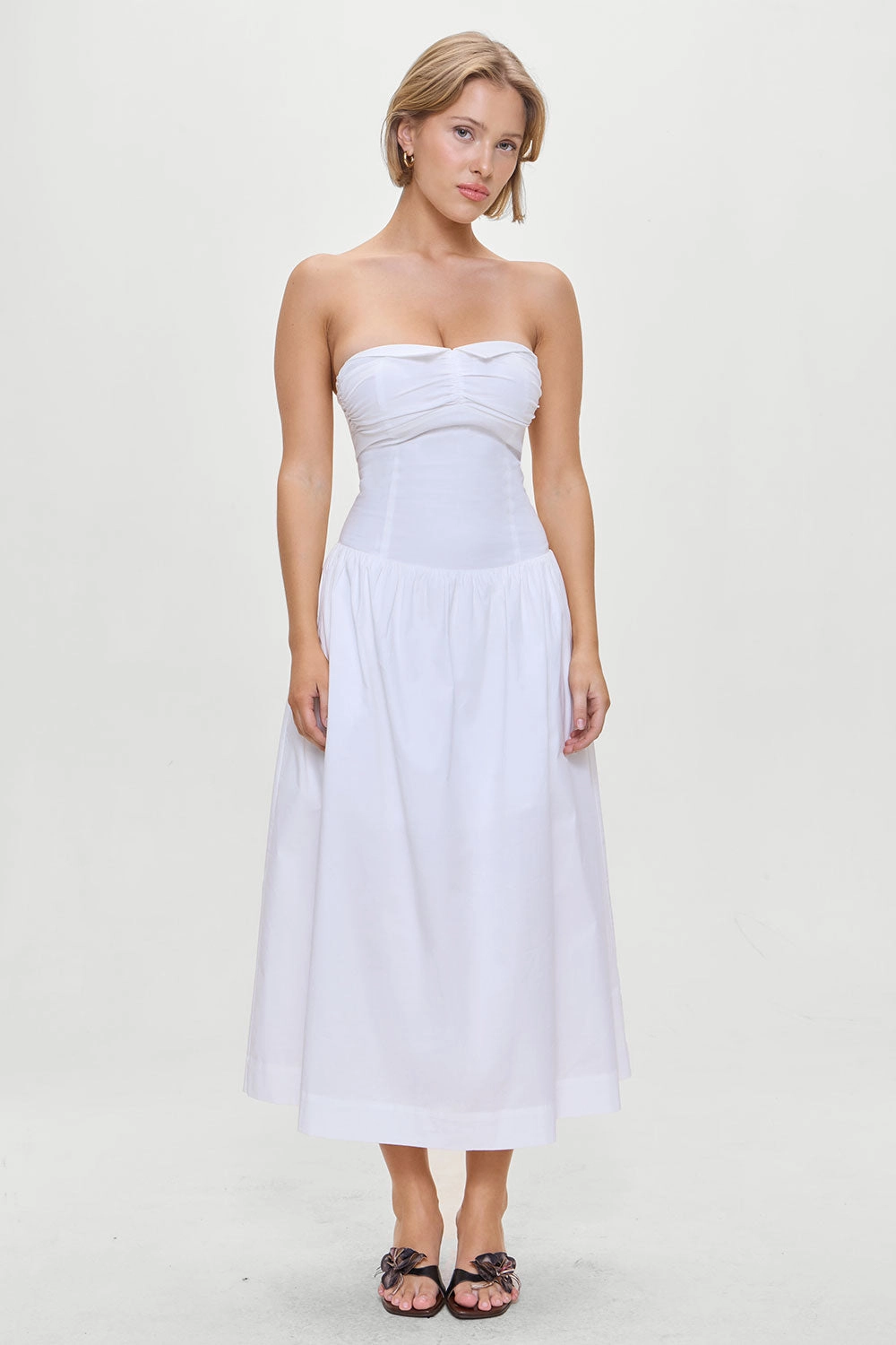 Horizon Strapless Collared Midi Dress - White