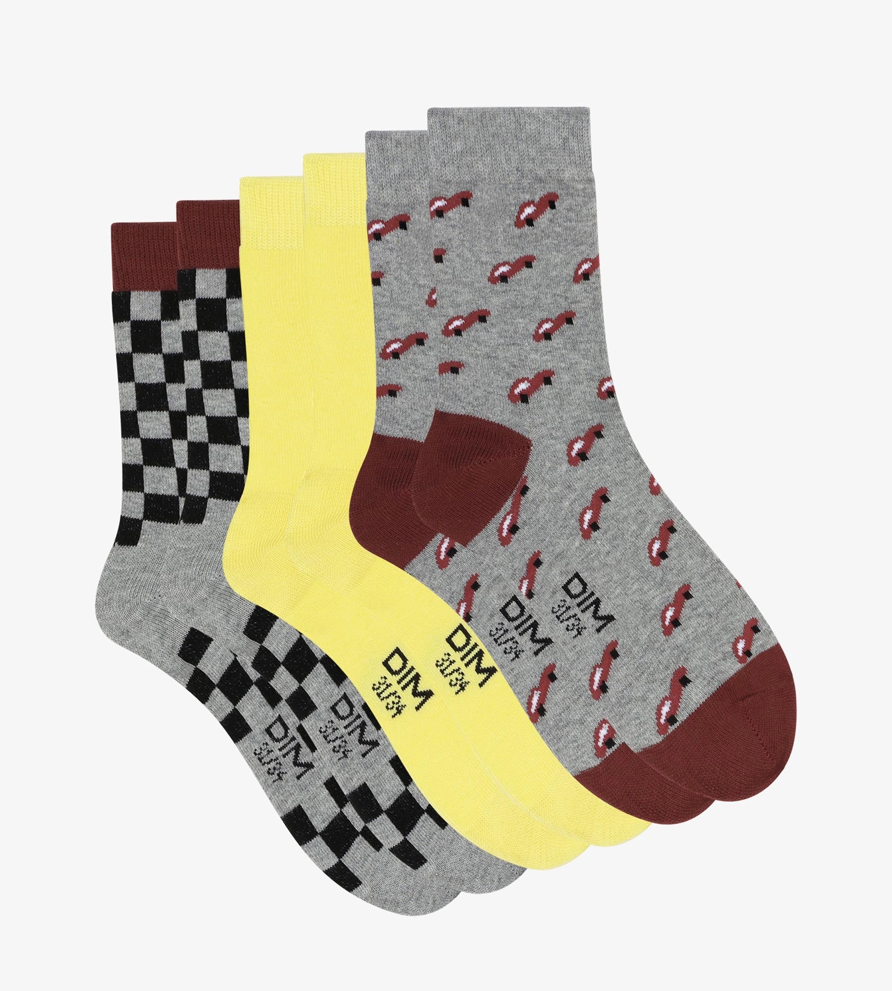 Lot de 3 paires de chaussettes enfant damier Gris Jaune Coton Style
