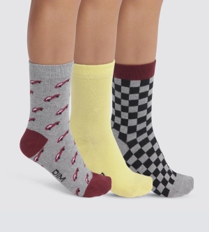 Lot de 3 paires de chaussettes enfant damier Gris Jaune Coton Style
