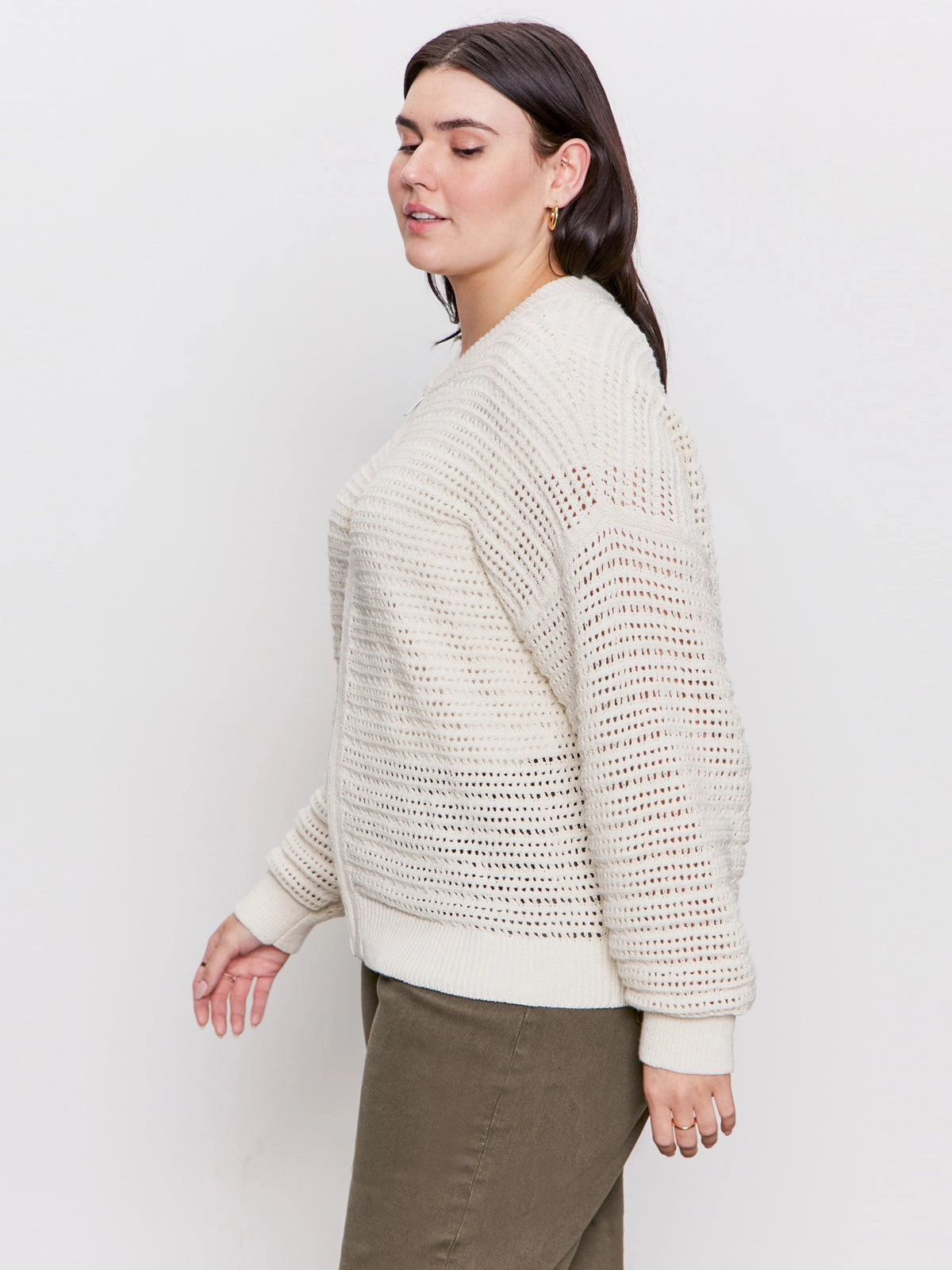 Open Knit Bomber Jacket Chalk Extended Sizing