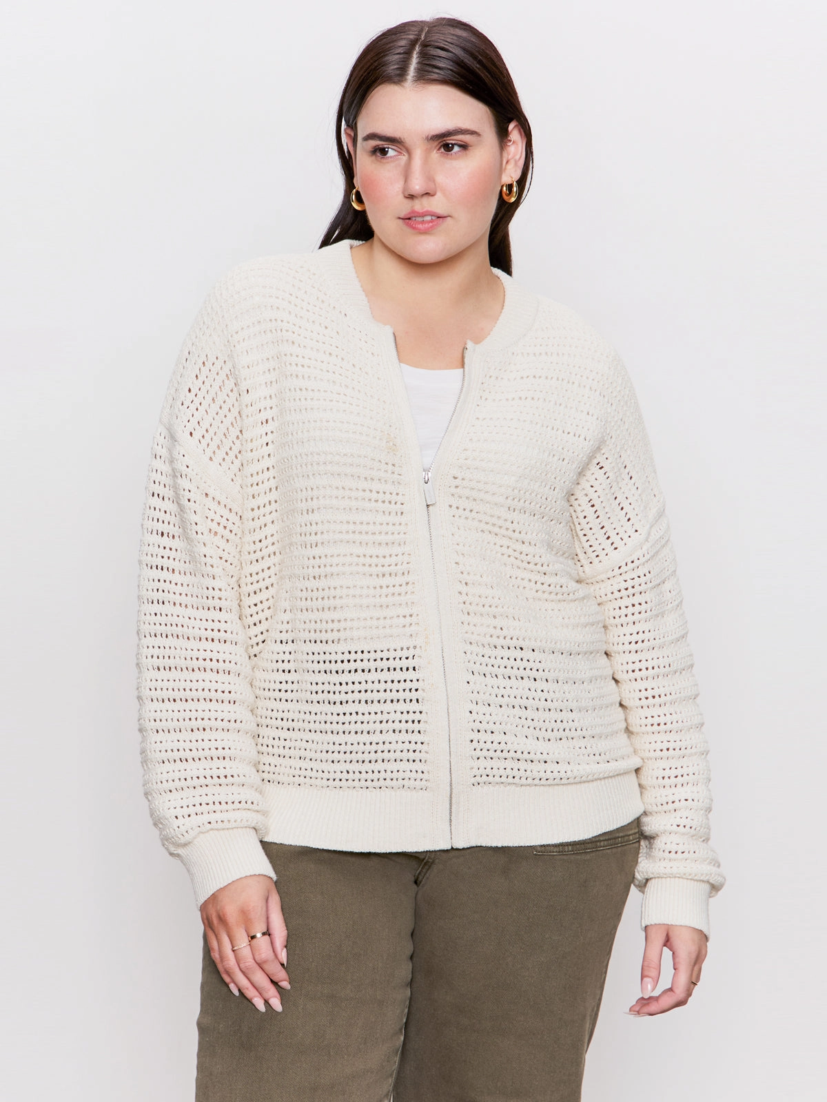 Open Knit Bomber Jacket Chalk Extended Sizing