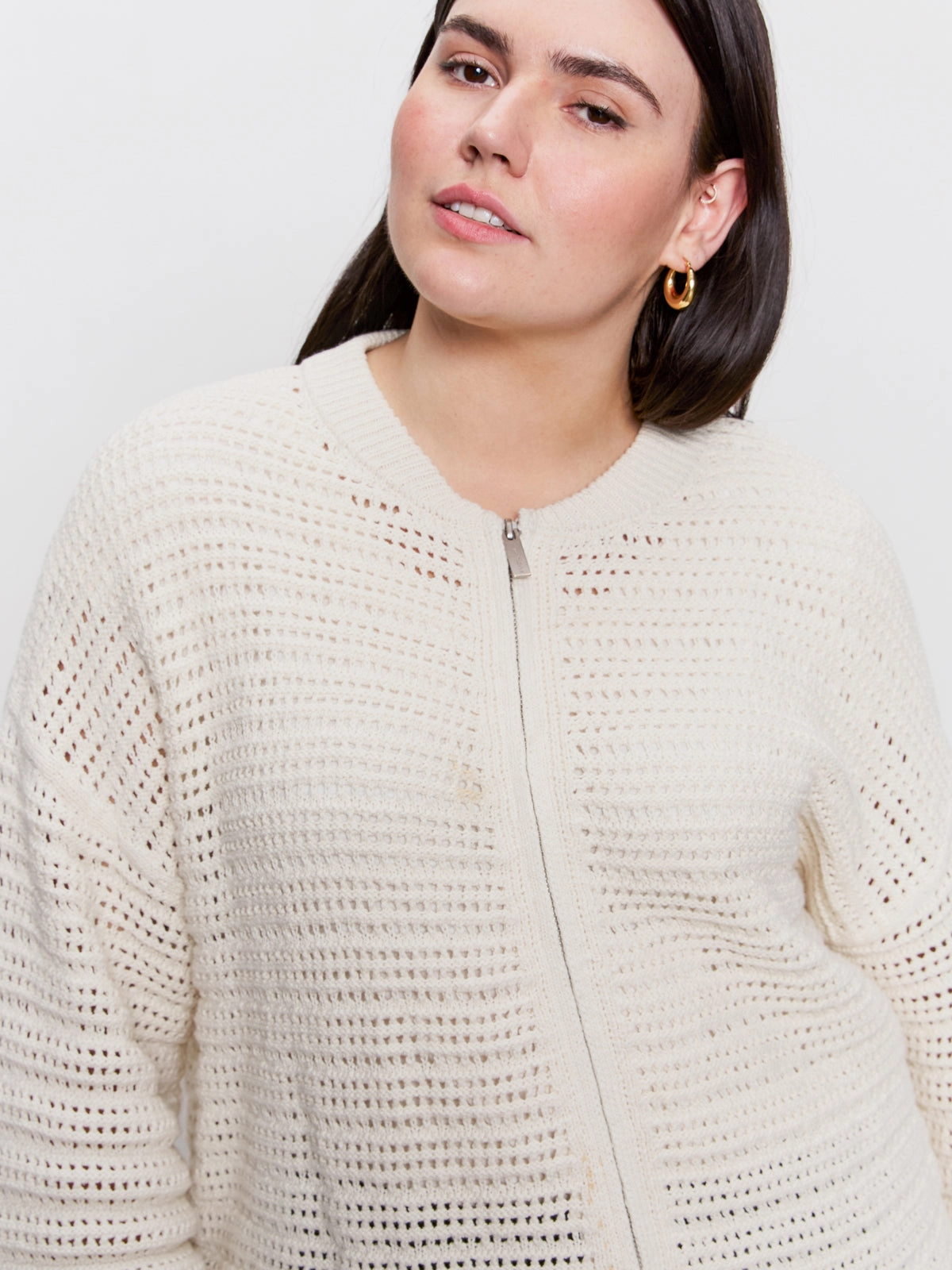 Open Knit Bomber Jacket Chalk Extended Sizing