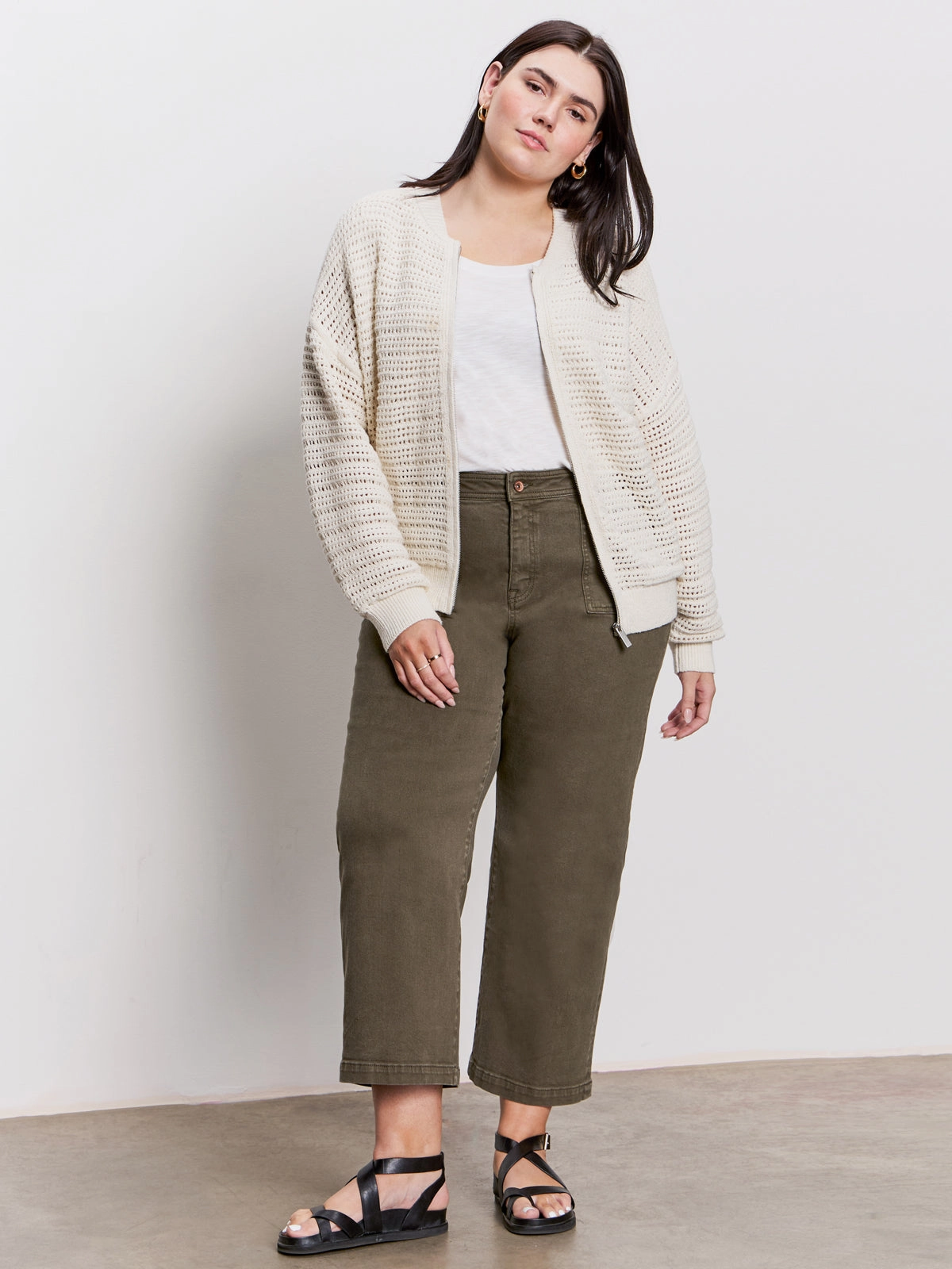 Open Knit Bomber Jacket Chalk Extended Sizing