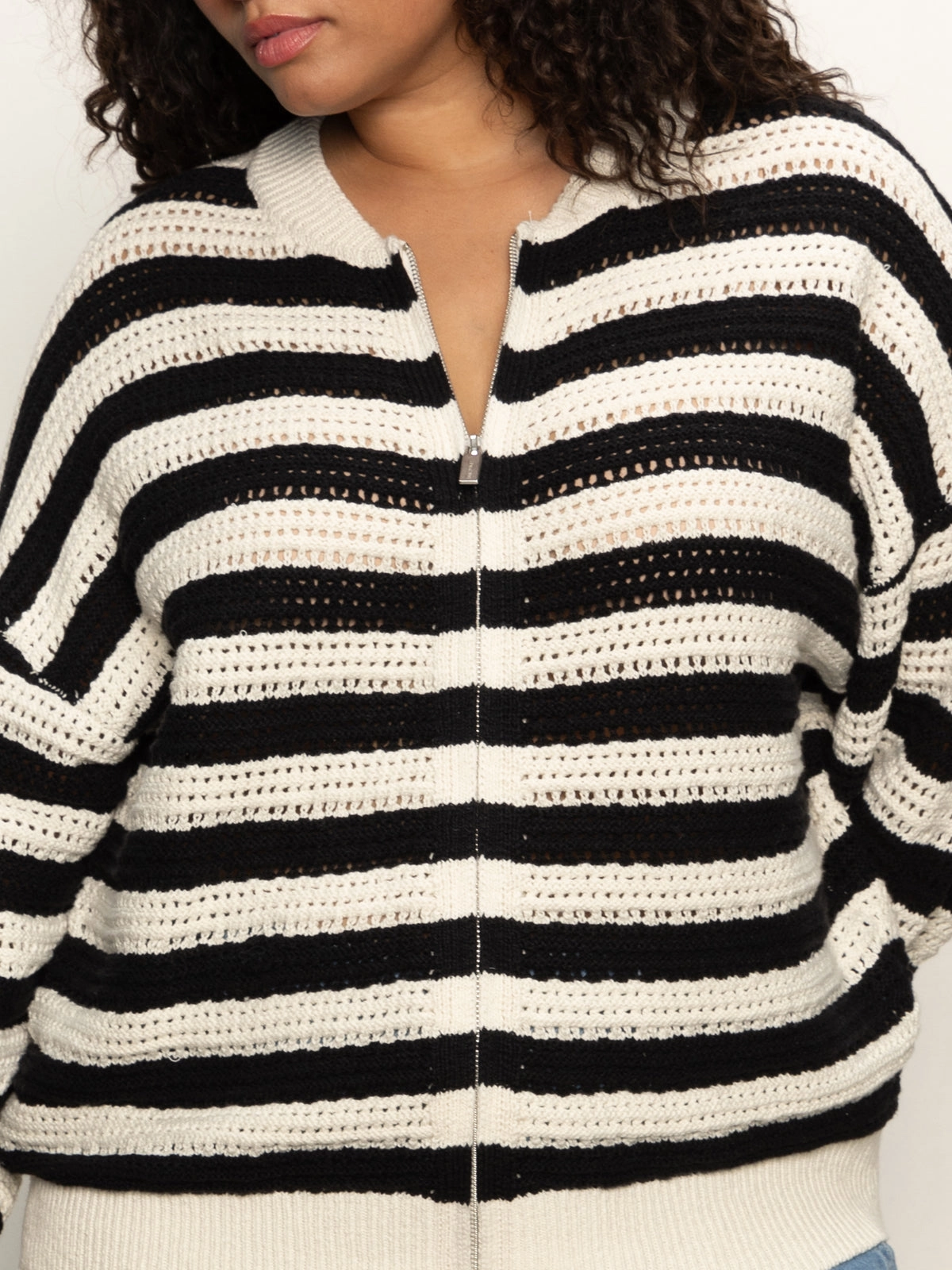 Open Knit Bomber Jacket Macrame Black Stripe Extended Sizing