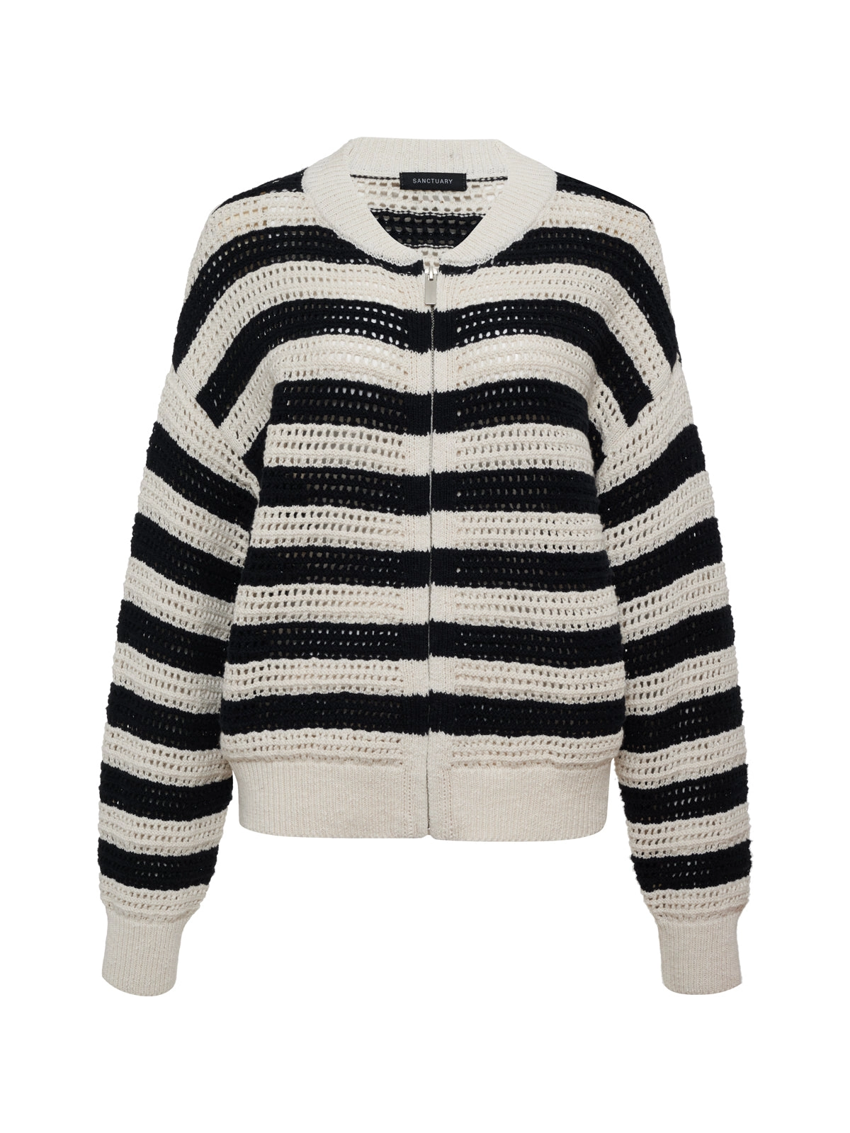 Open Knit Bomber Jacket Macrame Black Stripe Extended Sizing