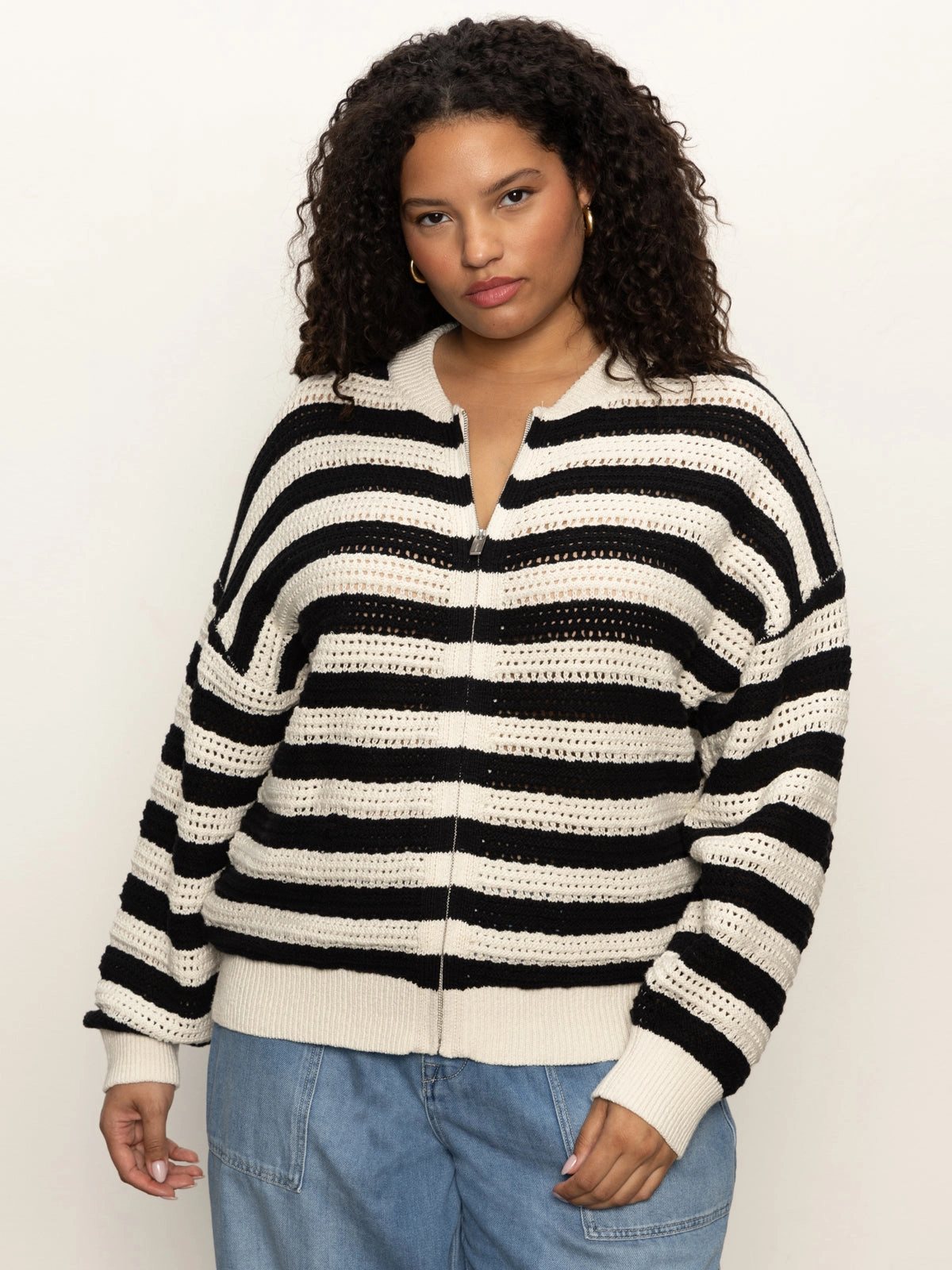 Open Knit Bomber Jacket Macrame Black Stripe Extended Sizing