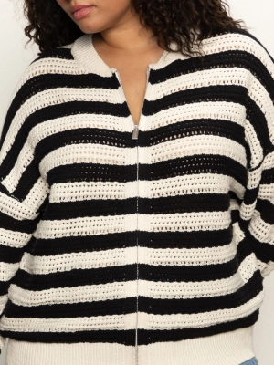 Open Knit Bomber Jacket Macrame Black Stripe Extended Sizing