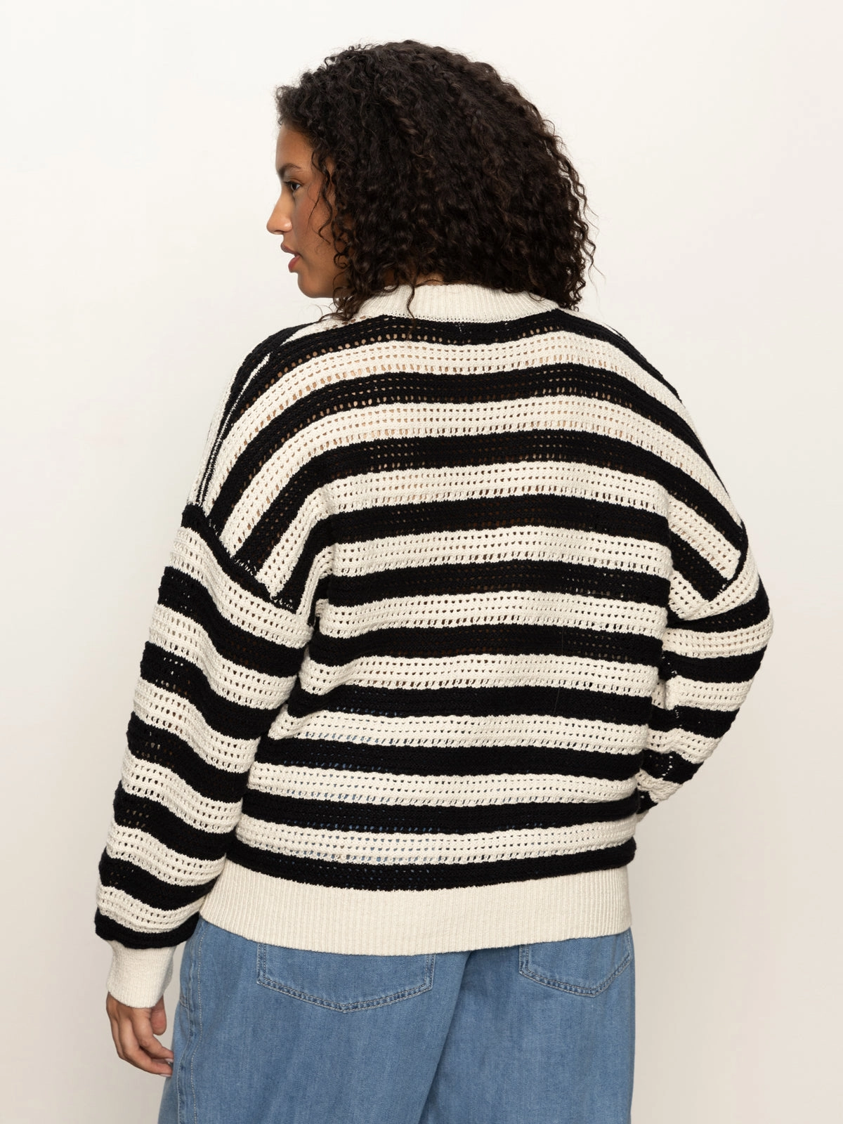 Open Knit Bomber Jacket Macrame Black Stripe Extended Sizing