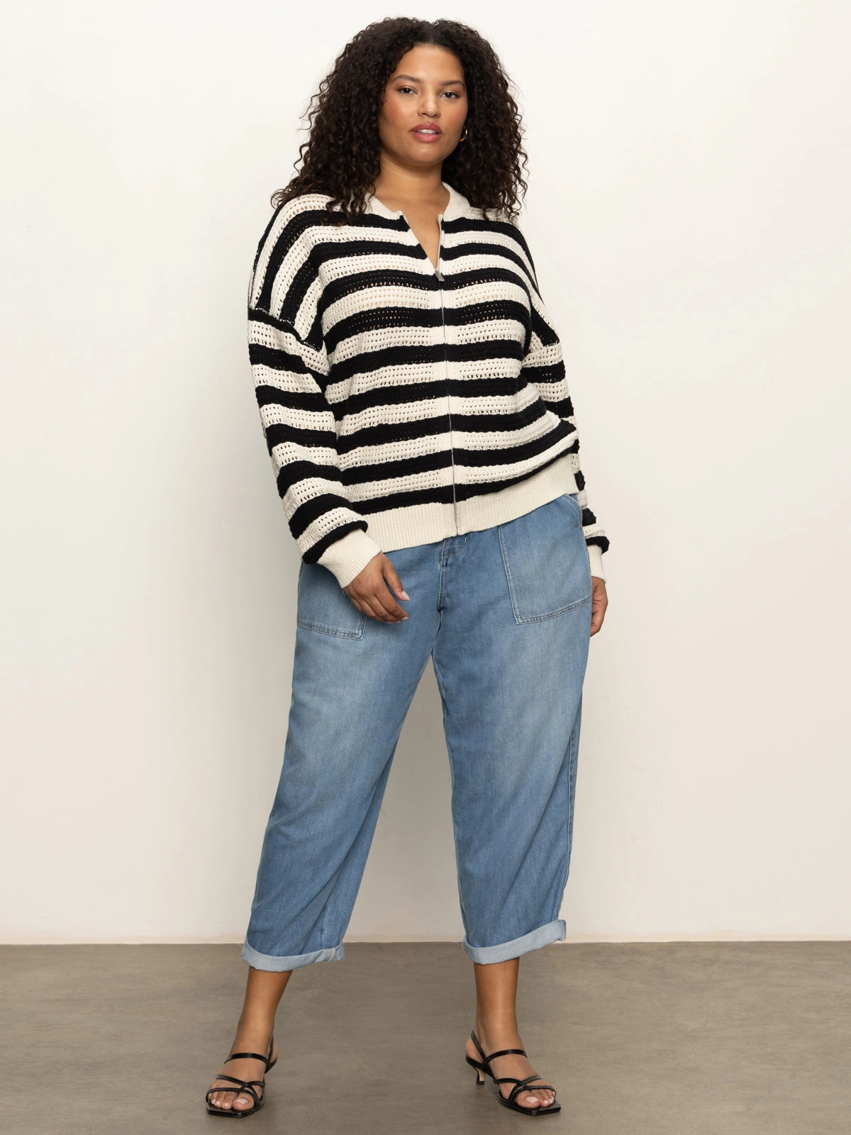 Open Knit Bomber Jacket Macrame Black Stripe Extended Sizing