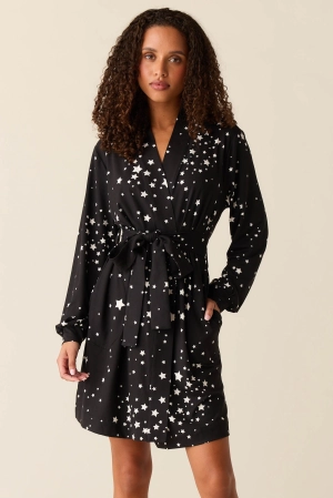 Quinn Banded Short Robe | Black Stars