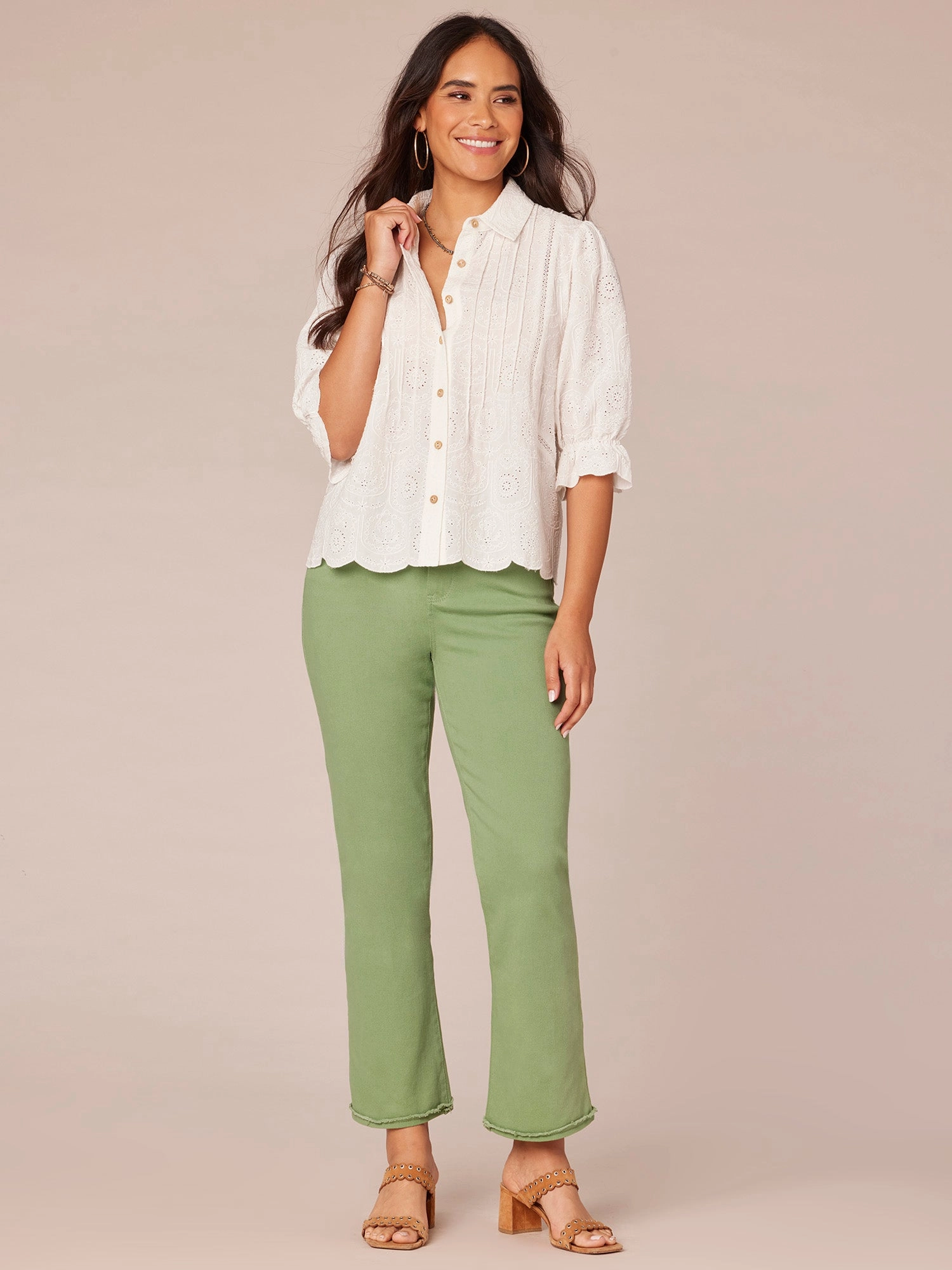 Three Quarter Blouson Sleeve Button Down Crochet Inset Woven Top