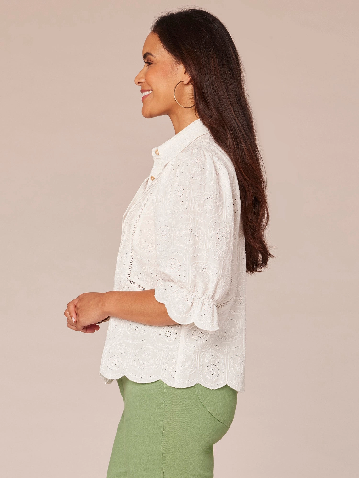 Three Quarter Blouson Sleeve Button Down Crochet Inset Woven Top