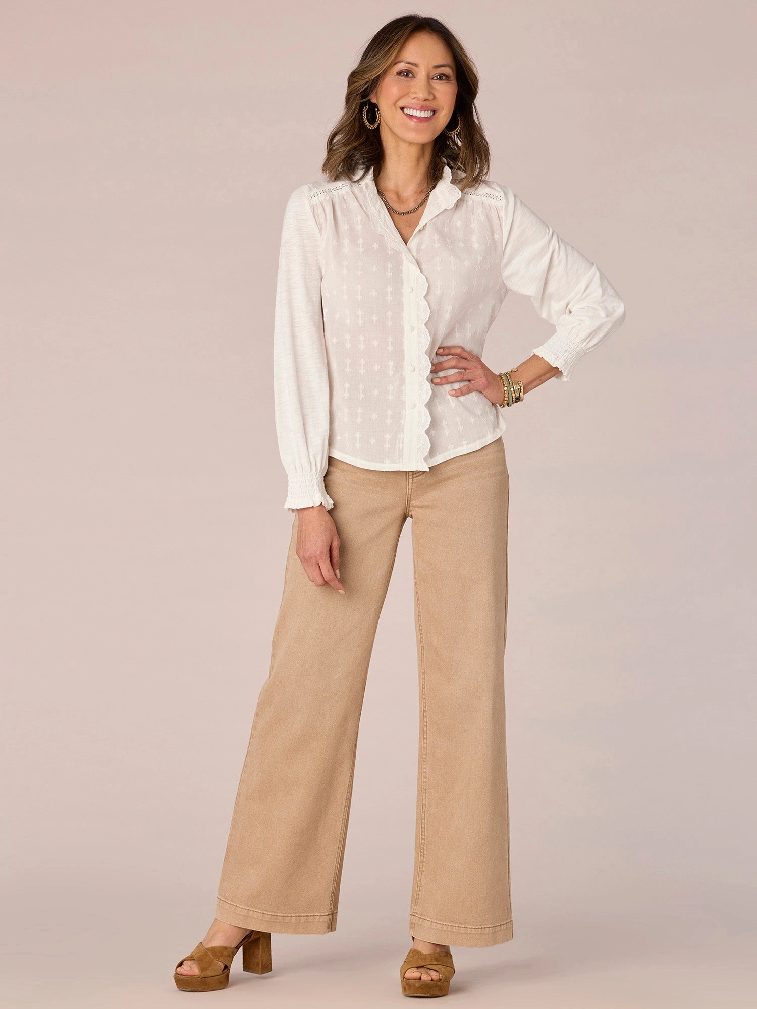 Three Quarter Smocked Sleeve Cascading Scallop Edge Button Down Shirt