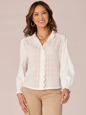 Three Quarter Smocked Sleeve Cascading Scallop Edge Button Down Shirt