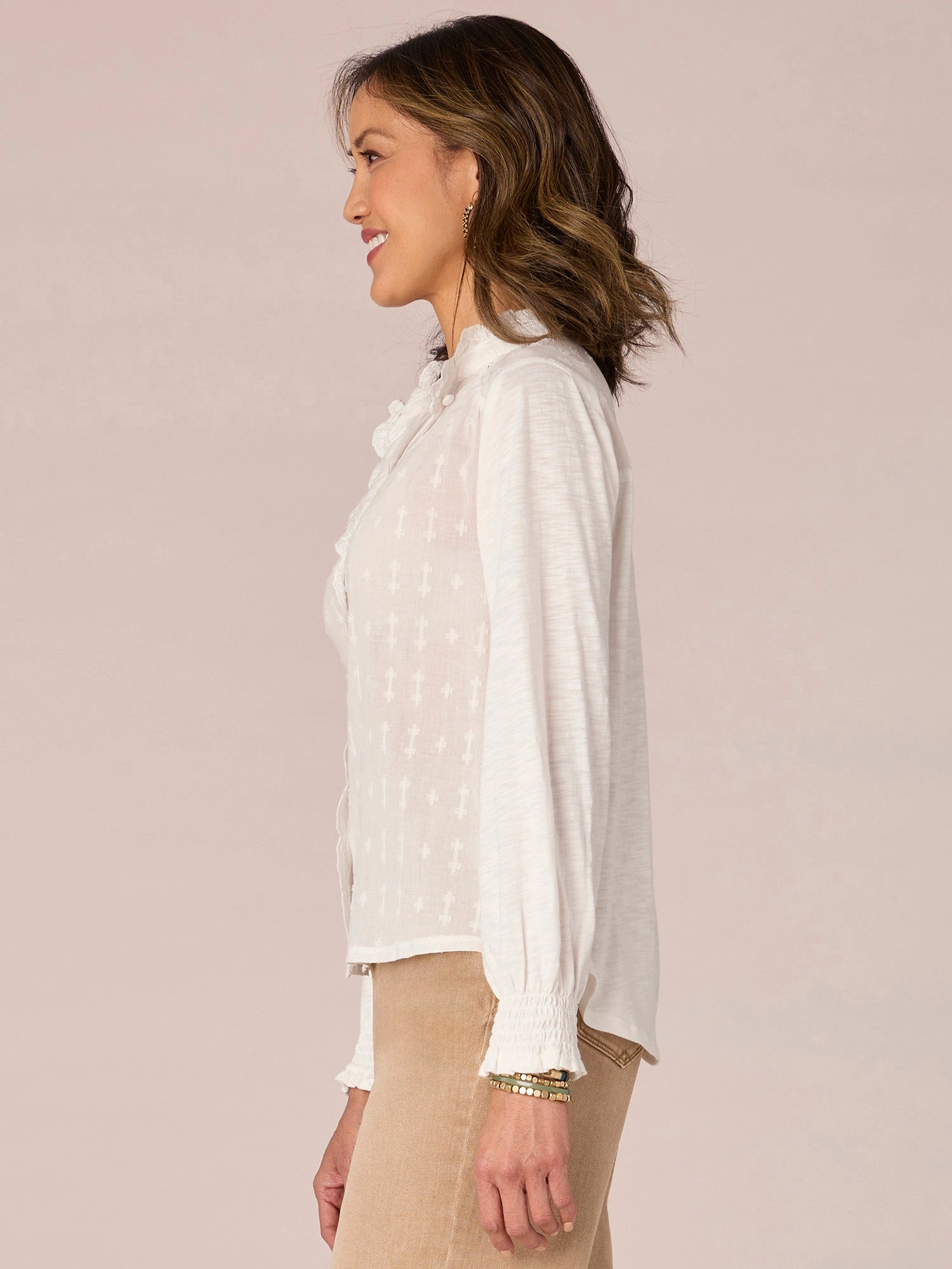Three Quarter Smocked Sleeve Cascading Scallop Edge Button Down Shirt