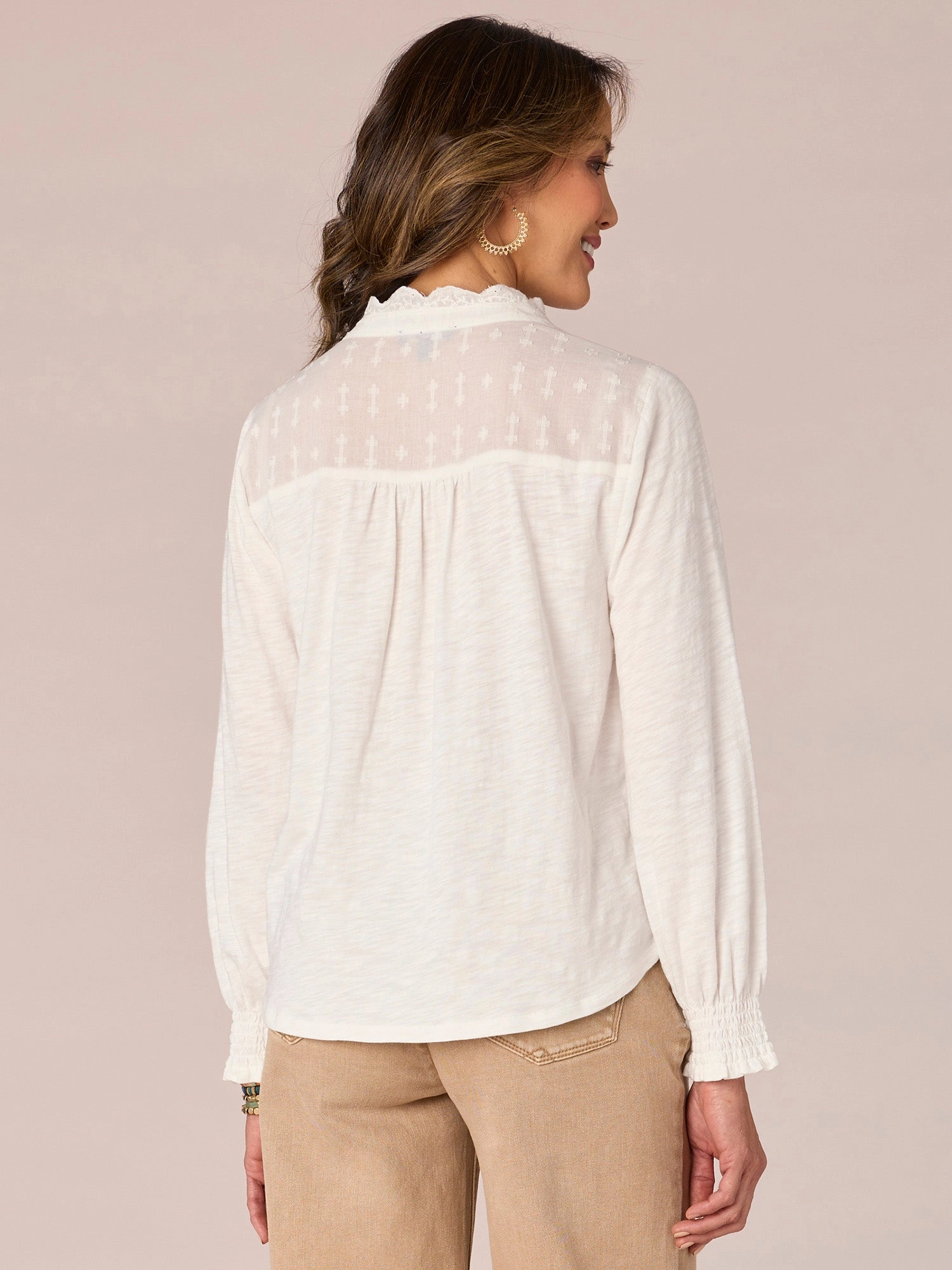 Three Quarter Smocked Sleeve Cascading Scallop Edge Button Down Shirt